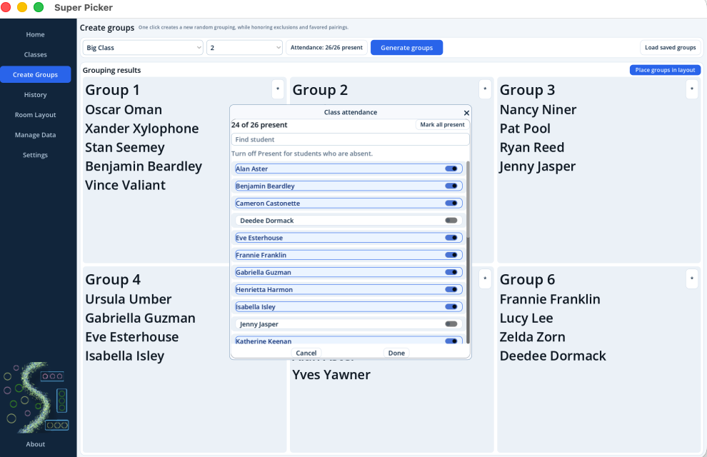 Adjusting attendance for making groups in Super Picker on iOS