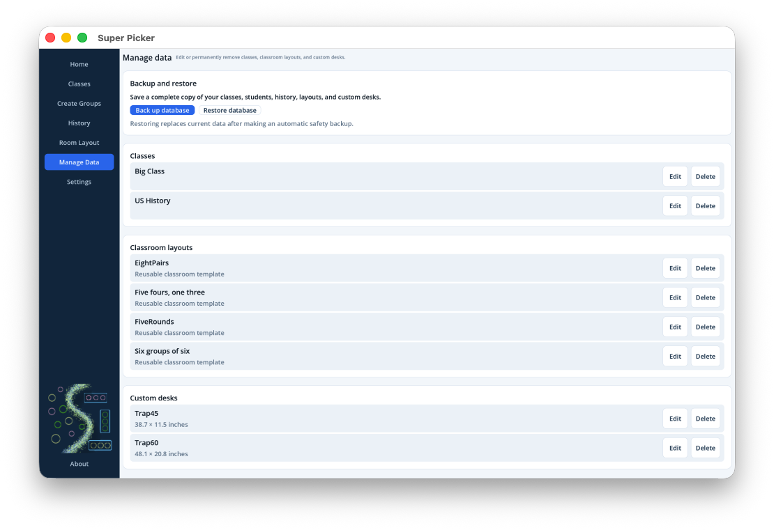 Data management screen in Super Picker on macOS