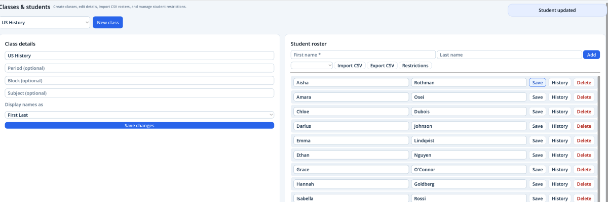 Editing students in a class in Super Picker on macOS