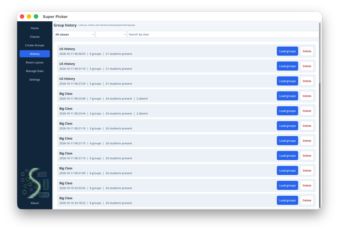 History of previous student groupings made in Super Picker on macOS