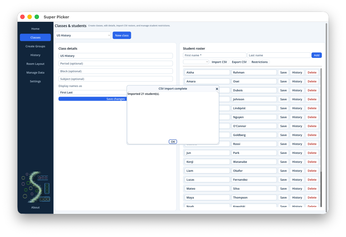 Importing students into a class from a csv file in Super Picker on macOS