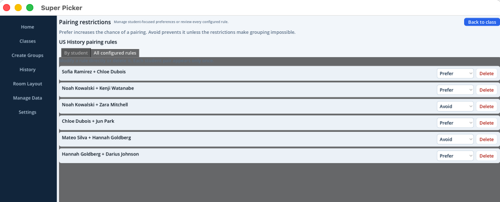 Restriction rules for grouping in Super Picker on macOS